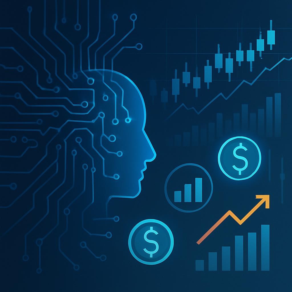 An abstract representation of AI-driven finance, featuring stylized circuitry, digital graphs, and financial icons to convey innovation in fintech and machine learning for trading.